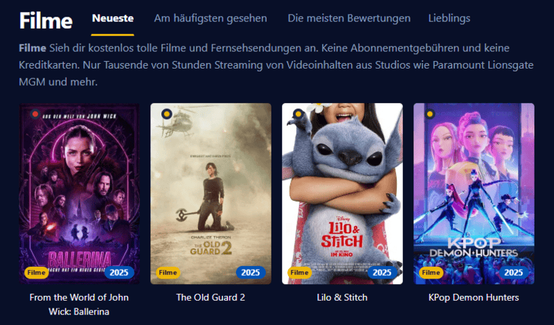 Ansicht der Filmpalast Webseite mit Filmen und Serien